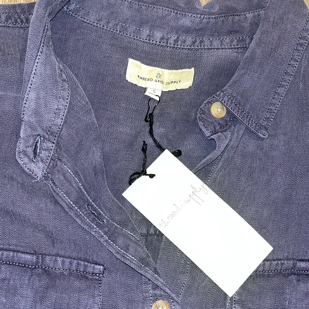 Thread & Supply Crop Boxy Dark Blue Button Down Shirt Long Sleeve Small - Picture 6 of 6